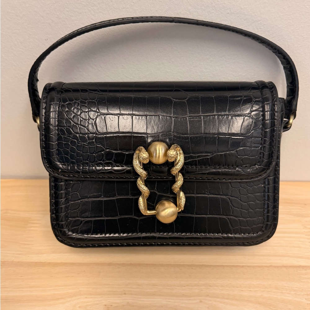 Zara Black Croc-Embossed Mini Bag with Gold Accents